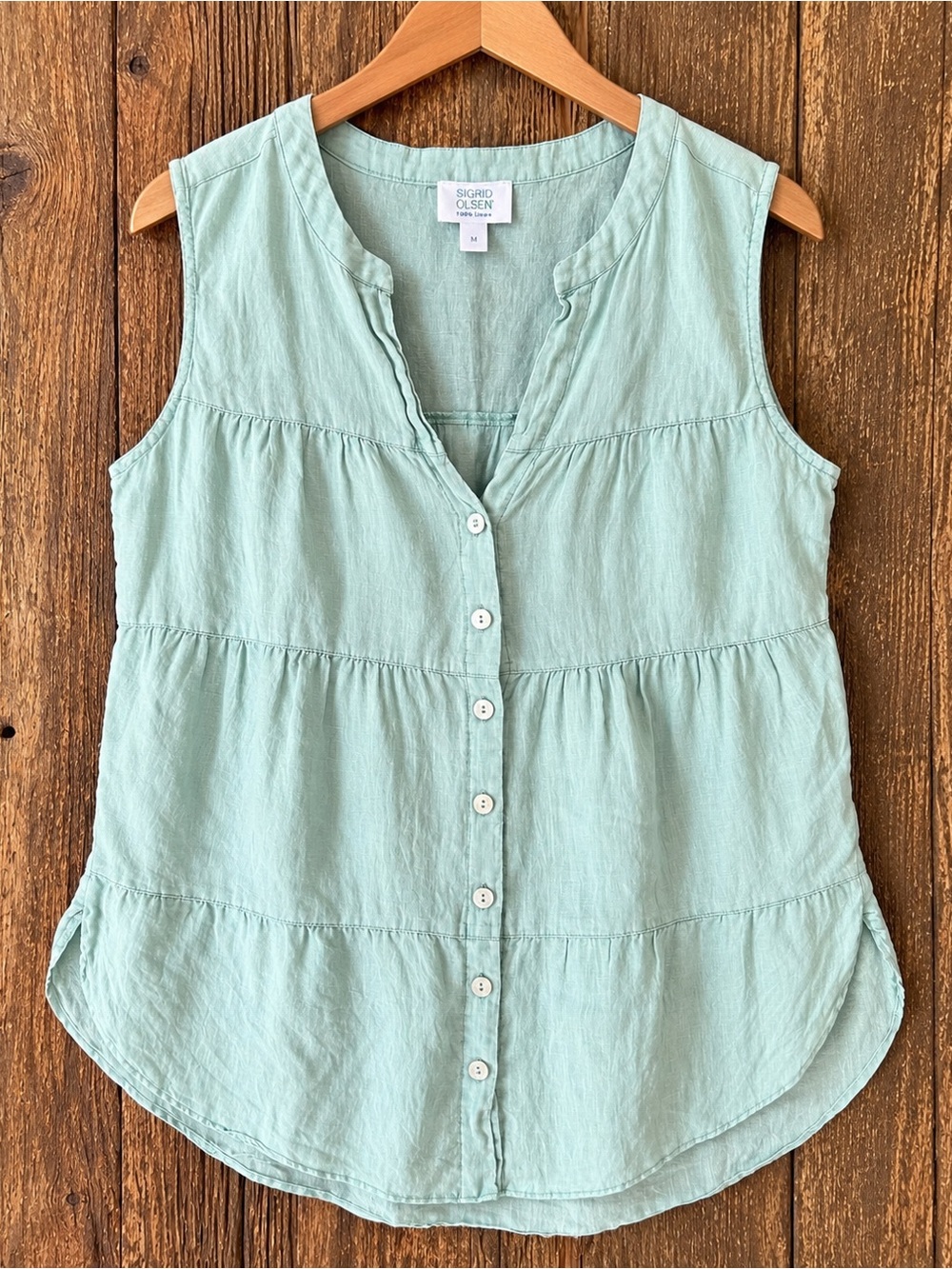 Sigrid Olsen 100% Linen Mint Green Tiered Tunic Top M Sleeveless